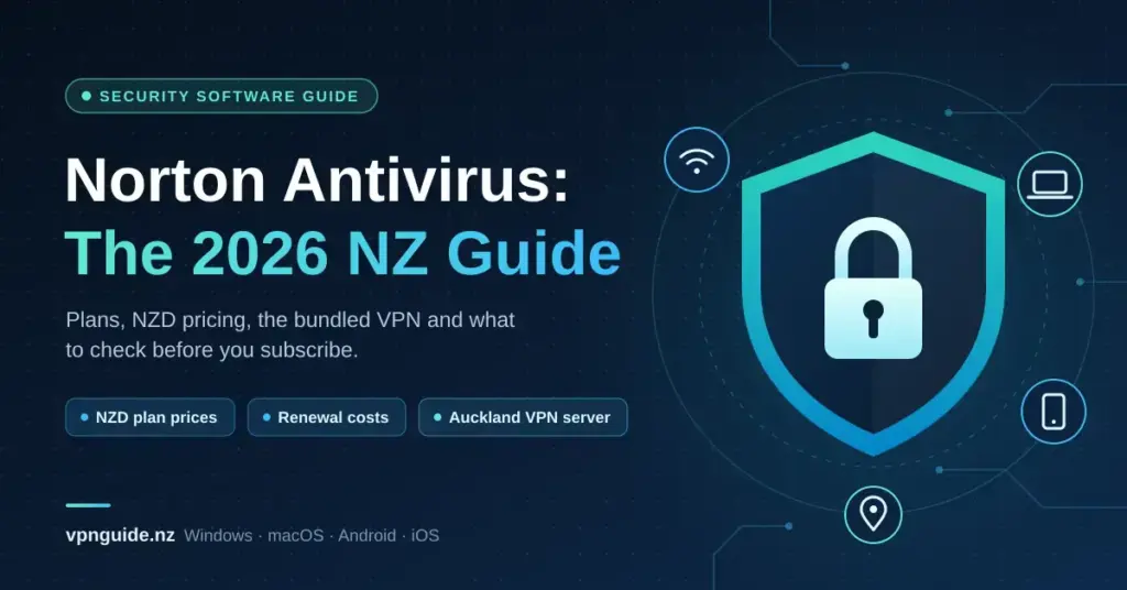 Featured graphic for the 2026 NZ guide to Norton Antivirus, showing a padlocked security shield ringed by laptop, phone, Wi-Fi and location icons, with the article title and notes on NZD plan prices, renewal costs and the Auckland VPN server.