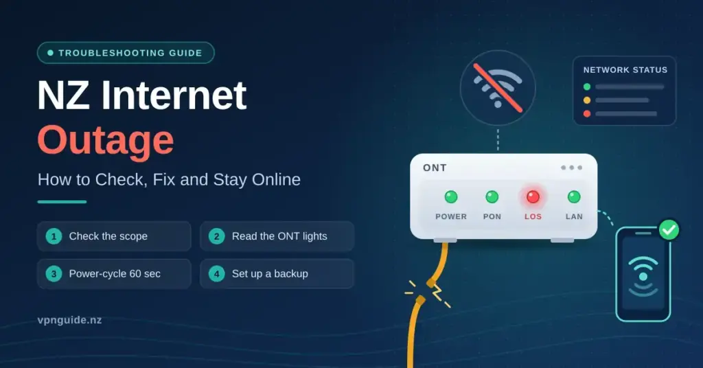 Illustration of a fibre ONT with a red LOS warning light, a broken yellow fibre cable and a crossed-out Wi-Fi symbol beside a phone providing a mobile hotspot backup, with the title "NZ Internet Outage: How to Check, Fix and Stay Online".