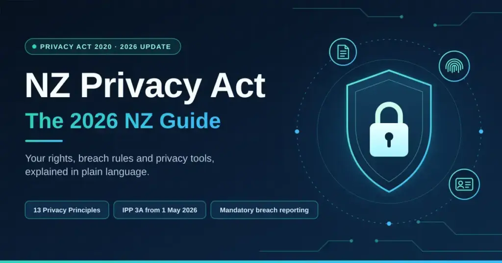Tech-style graphic headed "NZ Privacy Act: The 2026 NZ Guide", showing a glowing shield with a padlock surrounded by fingerprint, ID card and document icons on a dark blue circuit background.