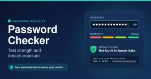 Illustration of a password checker showing a masked password field, a four-segment strength meter rated Strong, a green shield confirming the password was not found in known leaks, and a note that only a short SHA-1 hash prefix is sent so your password never leaves your device.