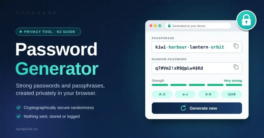 Illustration of a browser-based password generator showing a four-word passphrase and a random password rated "Very strong", beside the headline "Password Generator" on a dark navy background.