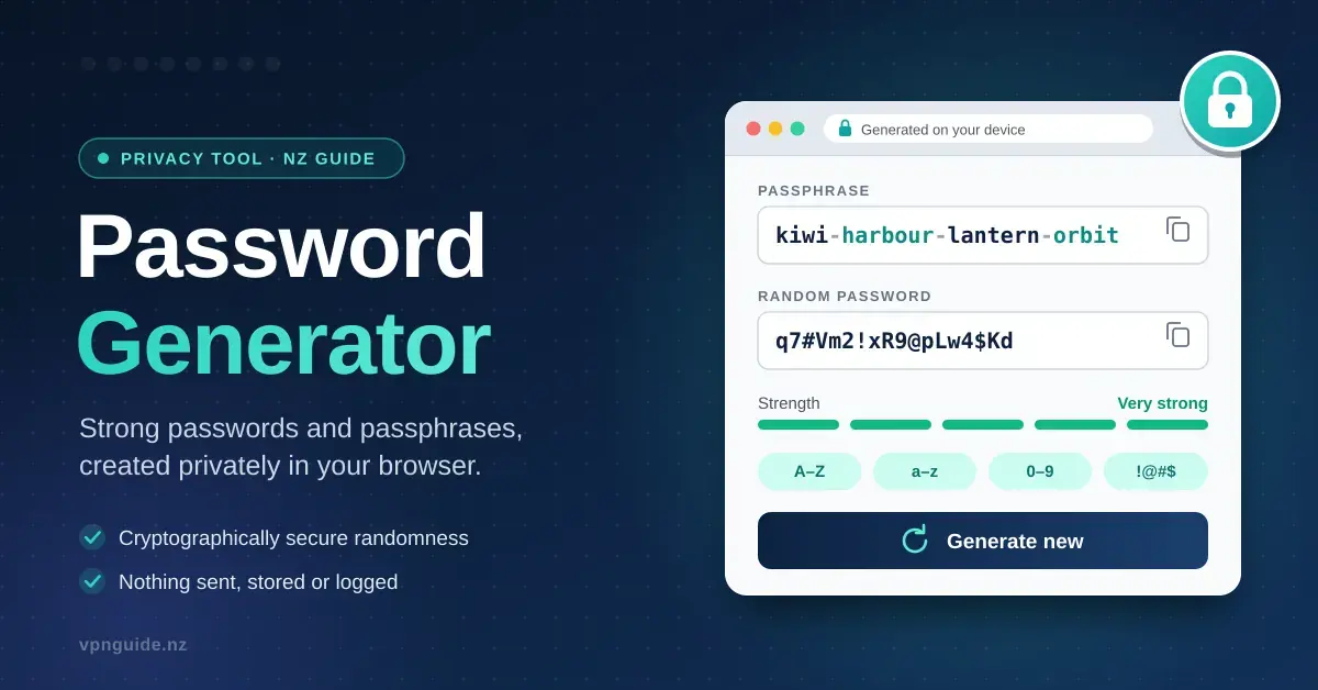 Illustration of a browser-based password generator showing a four-word passphrase and a random password rated "Very strong", beside the headline "Password Generator" on a dark navy background.