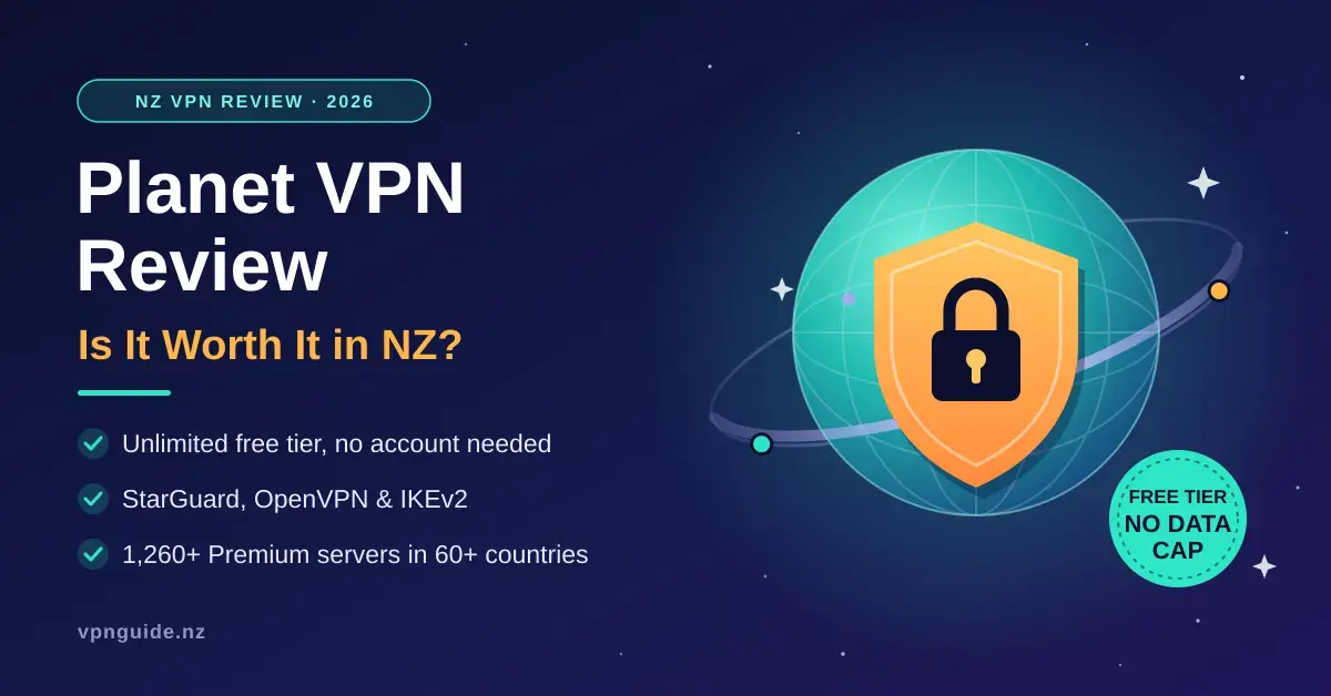 Illustrated featured image for a Planet VPN review for New Zealand in 2026, showing a teal planet with an orbiting ring behind an orange padlock shield, a "Free tier – no data cap" badge, and key points about unlimited free use, StarGuard, OpenVPN and IKEv2 protocols, and 1,260+ Premium servers in 60+ countries.