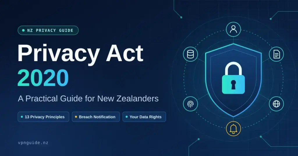 Tech-style illustration of a glowing shield and padlock surrounded by privacy icons, beside the heading "Privacy Act 2020: A Practical Guide for New Zealanders" and labels for 13 privacy principles, breach notification and your data rights.
