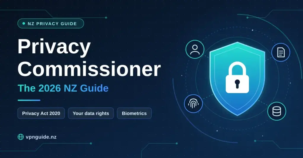 Dark tech-style graphic headed "Privacy Commissioner: The 2026 NZ Guide", showing a glowing shield with a padlock surrounded by icons for personal information, documents, biometrics and data storage, with the labels Privacy Act 2020, Your data rights and Biometrics.