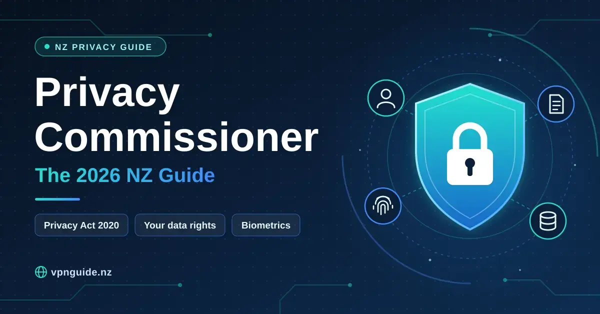 Dark tech-style graphic headed "Privacy Commissioner: The 2026 NZ Guide", showing a glowing shield with a padlock surrounded by icons for personal information, documents, biometrics and data storage, with the labels Privacy Act 2020, Your data rights and Biometrics.