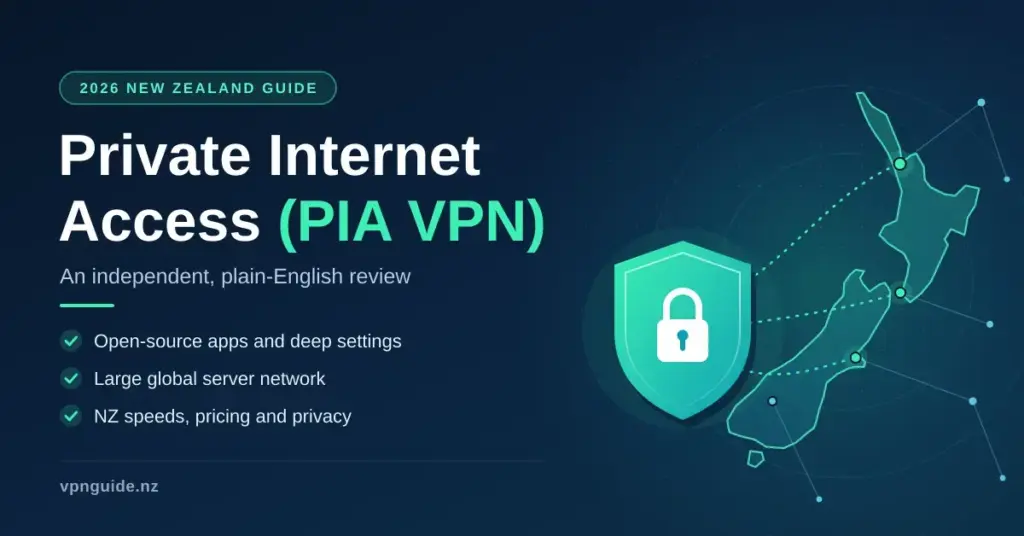 Featured graphic for a 2026 New Zealand guide to Private Internet Access (PIA VPN), showing a padlock shield linked by encrypted connections to a stylised map of New Zealand beside a list of key features.
