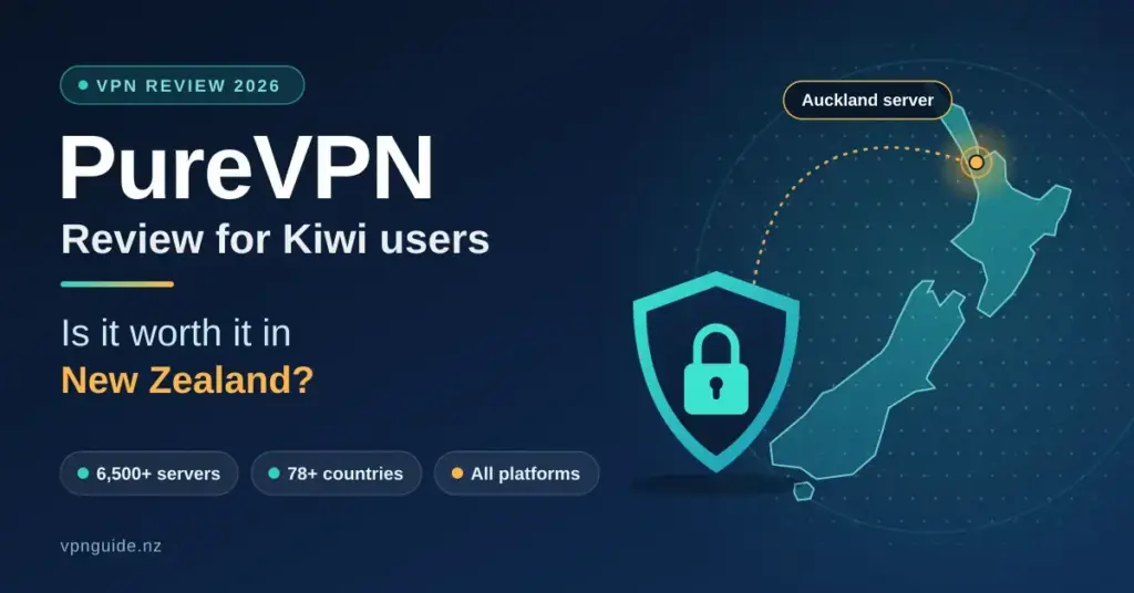 Featured image for a PureVPN review showing a padlock shield linked to an Auckland server pin on a map of New Zealand, with the question 'Is it worth it in New Zealand?' and key facts: 6,500+ servers, 78+ countries and all platforms.