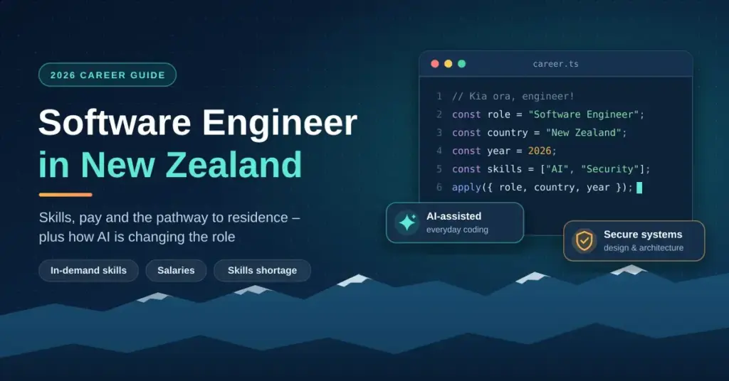 Illustrated banner for a 2026 career guide to working as a software engineer in New Zealand, showing a code editor window, badges for AI-assisted coding and secure systems, and snow-capped mountains against a dark navy background.