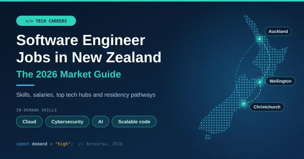 A dark navy graphic with the title “Software Engineer Jobs in New Zealand: The 2026 Market Guide” beside a dotted map of New Zealand highlighting the tech hubs of Auckland, Wellington and Christchurch, plus tags for in-demand skills such as cloud, cybersecurity and AI.
