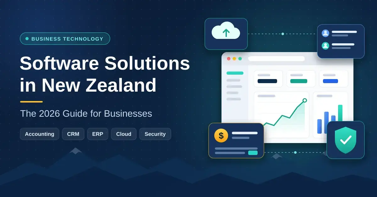 Illustrated featured image for a guide to software solutions in New Zealand, showing a business dashboard with growth charts surrounded by cloud storage, customer contacts, accounting and security shield icons above a stylised alpine ridgeline.