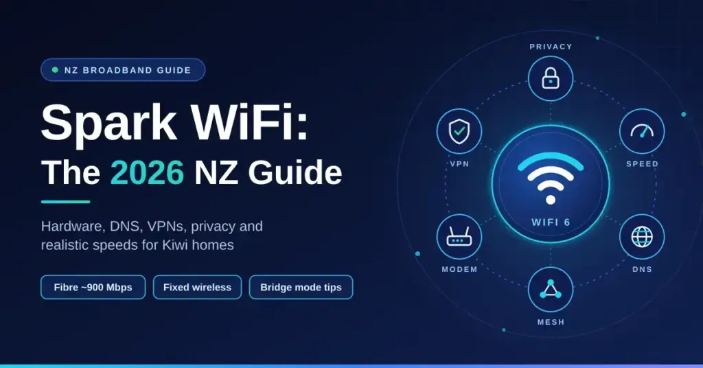 Tech-style graphic on a dark navy background with the title "Spark WiFi: The 2026 NZ Guide" beside a glowing WiFi 6 hub connected to icons for privacy, VPN, speed, modem, DNS and mesh networking.