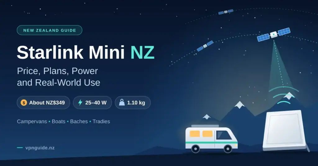 Illustration of a compact Starlink Mini-style satellite dish on its kickstand beside a campervan under a starry New Zealand alpine sky, with satellites overhead and the text “Starlink Mini NZ: Price, Plans, Power and Real-World Use”.