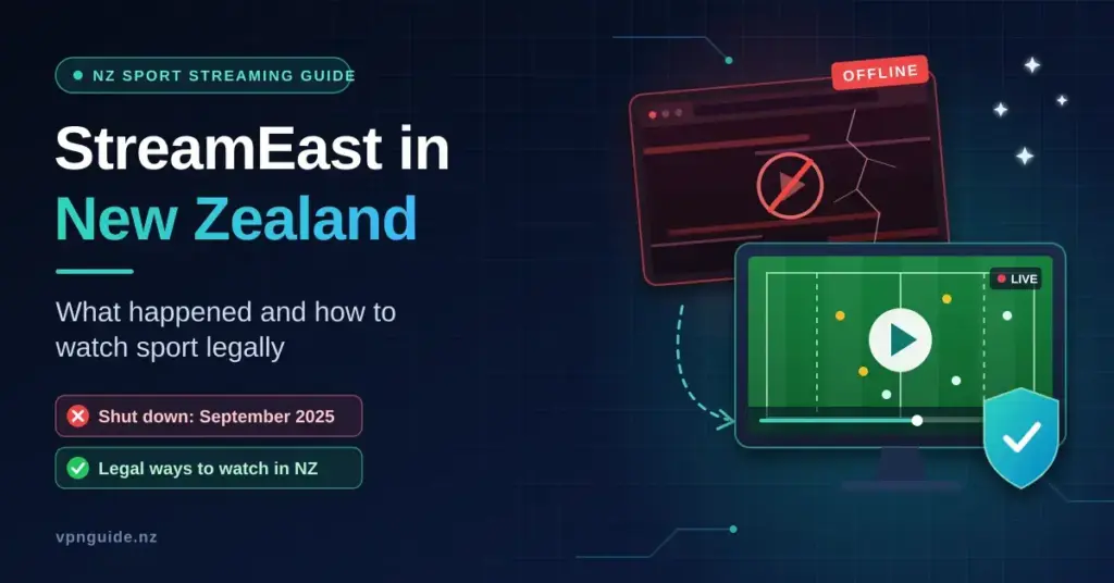 Tech-style illustration of a cracked "offline" streaming screen beside a monitor showing live sport with a shield and tick, next to the title "StreamEast in New Zealand: What happened and how to watch sport legally".