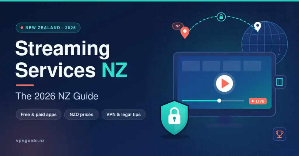 Illustration for the 2026 NZ guide to streaming services: a TV screen with a play button, a VPN padlock shield and a dotted line linking a New Zealand location pin to a globe, next to the title "Streaming Services NZ".