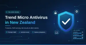 Tech-style graphic with a glowing blue shield and tick, security icons and a lab scores card, next to the heading "Trend Micro Antivirus in New Zealand" and labels for NZD pricing, lab test scores and a feature comparison.