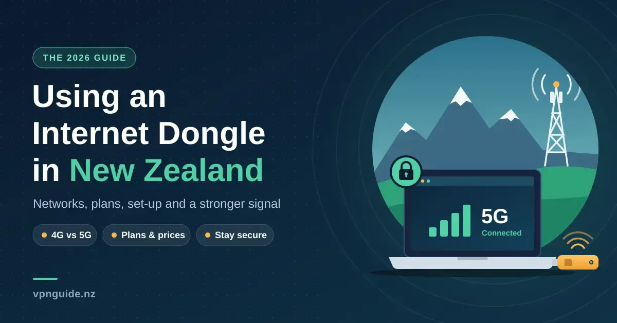 Illustration of a laptop with a USB internet dongle plugged in and showing a 5G connection, set against snow-capped mountains, green hills and a cell tower, beside the title "Using an Internet Dongle in New Zealand".