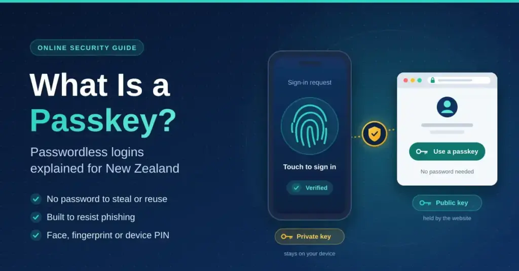 Illustration explaining passkeys for New Zealand readers: a phone with a fingerprint sign-in prompt holds the private key, while a website login window offering "Use a passkey" holds the matching public key.