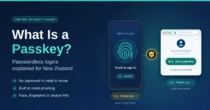 Illustration explaining passkeys for New Zealand readers: a phone with a fingerprint sign-in prompt holds the private key, while a website login window offering "Use a passkey" holds the matching public key.