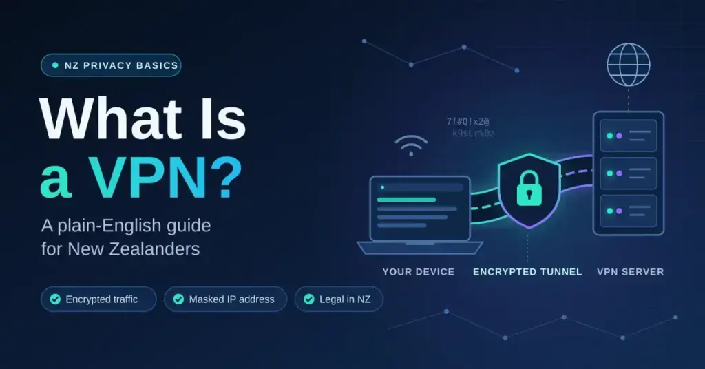 Illustration titled "What Is a VPN? A plain-English guide for New Zealanders", showing a laptop connected through a padlocked, encrypted tunnel to a VPN server that links to the wider internet.