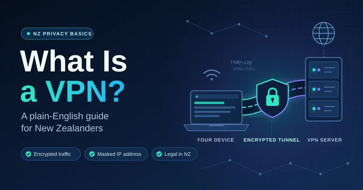 Illustration titled "What Is a VPN? A plain-English guide for New Zealanders", showing a laptop connected through a padlocked, encrypted tunnel to a VPN server that links to the wider internet.