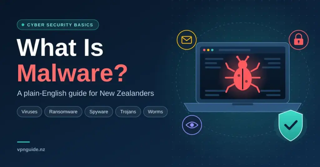 Illustration of a laptop infected with a red computer bug, surrounded by icons for phishing email, ransomware and spyware and a teal protective shield, next to the heading "What Is Malware? A plain-English guide for New Zealanders".