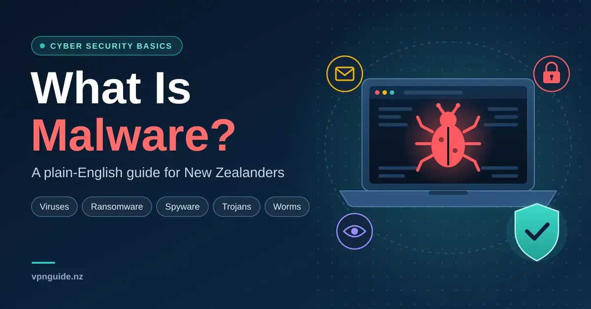 Illustration of a laptop infected with a red computer bug, surrounded by icons for phishing email, ransomware and spyware and a teal protective shield, next to the heading "What Is Malware? A plain-English guide for New Zealanders".