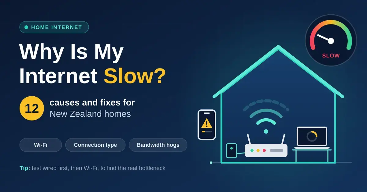 Illustration of a home with a router sending out fading Wi-Fi signals, a laptop stuck loading and a speed gauge reading slow, beside the heading "Why Is My Internet Slow? 12 causes and fixes for New Zealand homes".