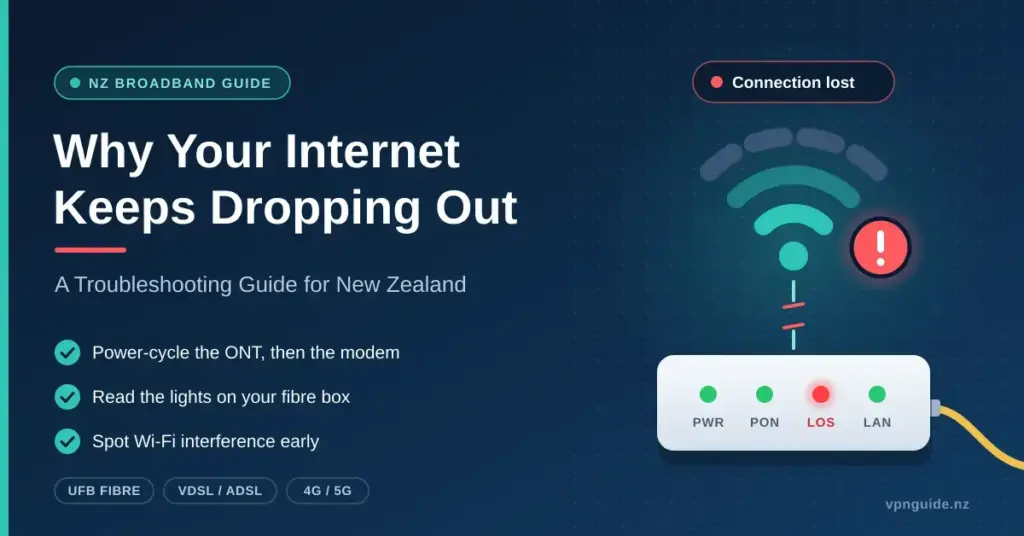 Illustrated featured image for a New Zealand broadband troubleshooting guide, showing a fading Wi-Fi signal with a red warning badge and a "Connection lost" alert above a fibre box whose red LOS light signals a line fault.