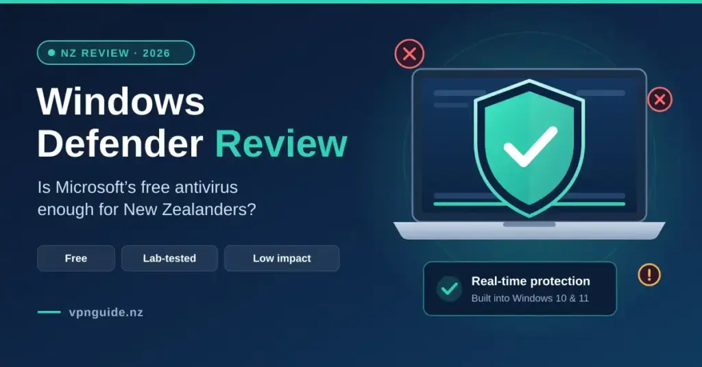 Illustration of a laptop displaying a green shield with a tick, surrounded by blocked threat icons, beside the headline “Windows Defender Review: Is Microsoft’s free antivirus enough for New Zealanders?”