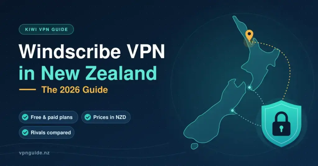 Illustrated map of New Zealand with dotted encrypted connections from Auckland, Wellington and Christchurch to a padlocked shield, beside the title "Windscribe VPN in New Zealand: The 2026 Guide".