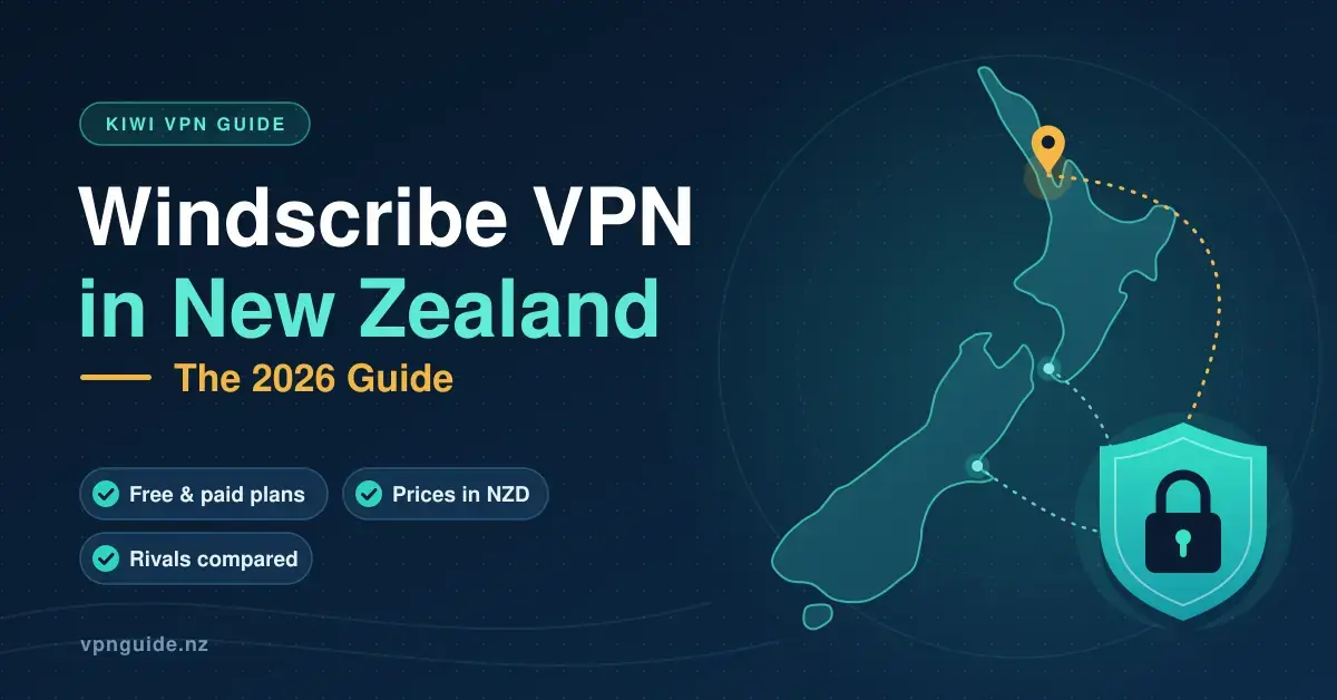 Illustrated map of New Zealand with dotted encrypted connections from Auckland, Wellington and Christchurch to a padlocked shield, beside the title "Windscribe VPN in New Zealand: The 2026 Guide".