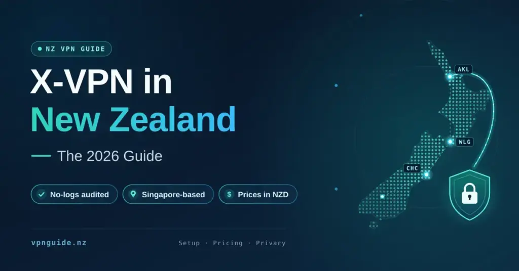 Dark tech-style graphic titled "X-VPN in New Zealand: The 2026 Guide", showing a dot-matrix map of New Zealand with glowing nodes at Auckland, Wellington and Christchurch, an encrypted tunnel leading to a padlock shield, and tags for no-logs audited, Singapore-based and prices in NZD.